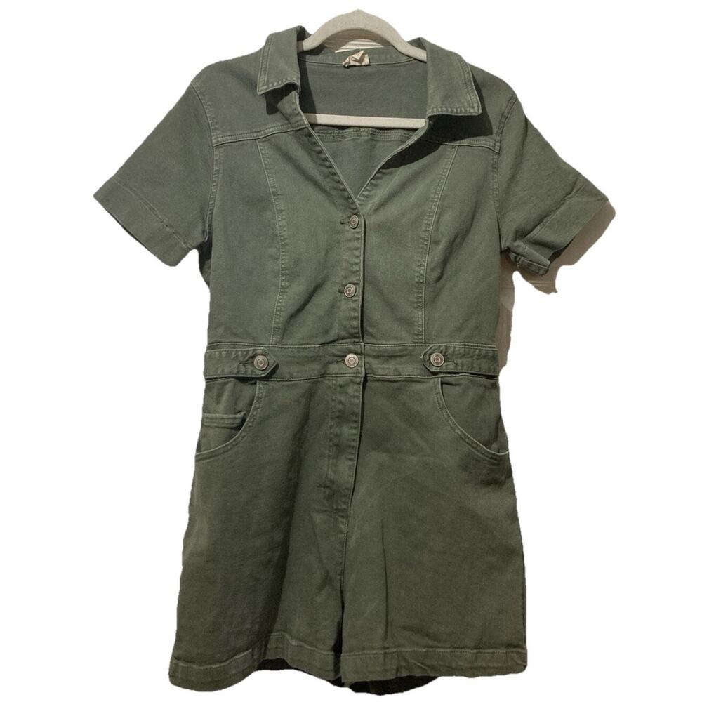 Hem & Thread Denim Army Green Shorts Button Up Romper Size Medium Jumpsuit